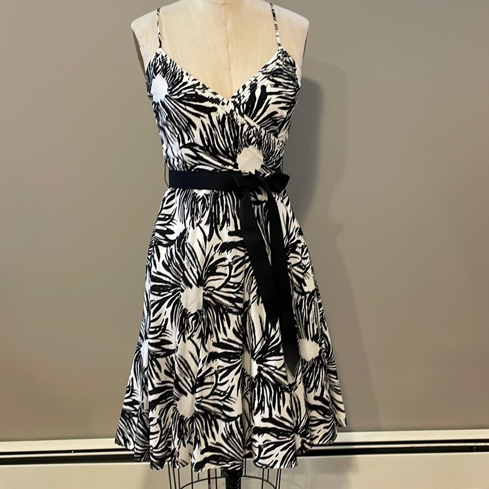 Black & White Floral Fit-and-Flare Dress with Belt